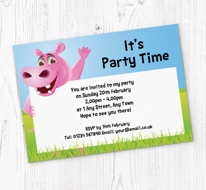 pink hippo waving invitations