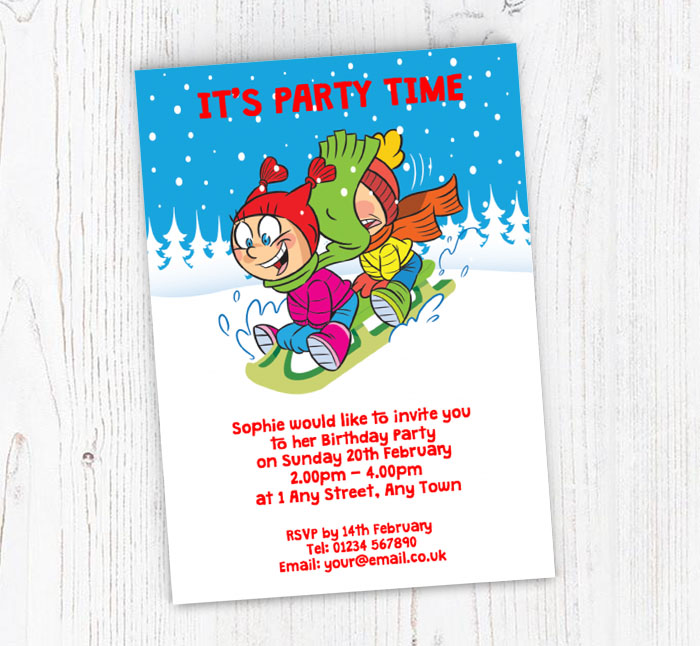 girl and boy sledging invitations