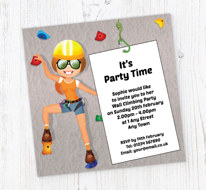 girl rock climbing party invitations