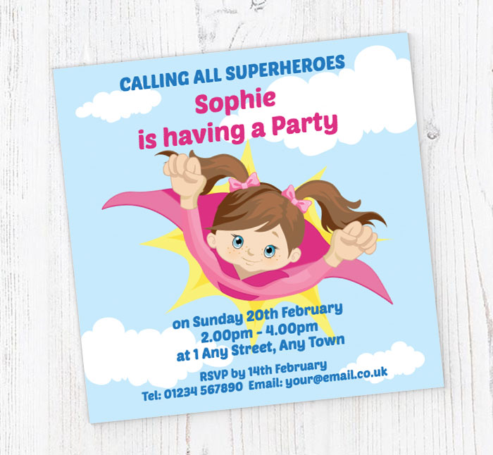 girls superhero personalised invitations