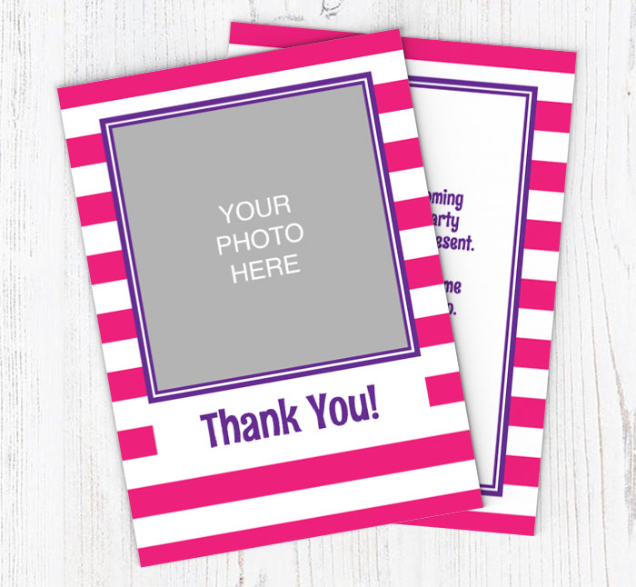 pink striped photo thank you cards