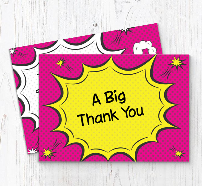 pink comic boom thank you cards