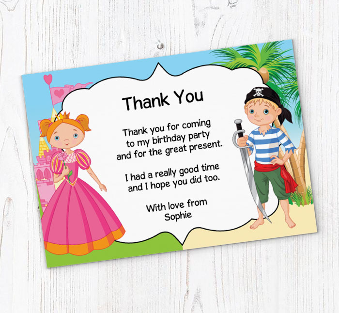 princess and pirate thank you cards