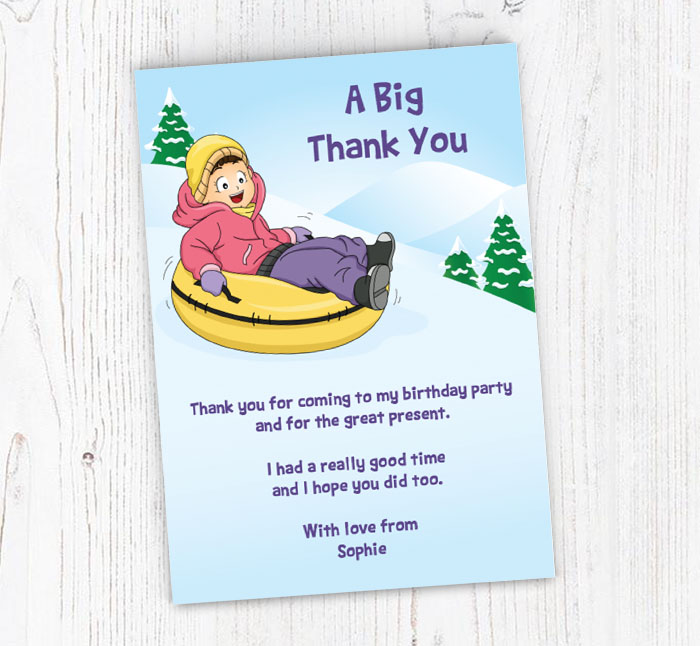 girl riding snow tube thank you cards