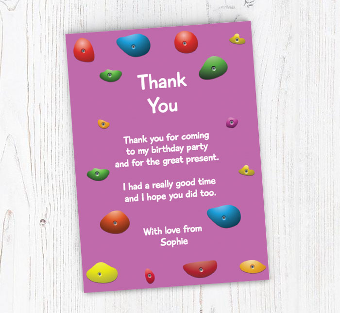 purple climbing wall thank you cards