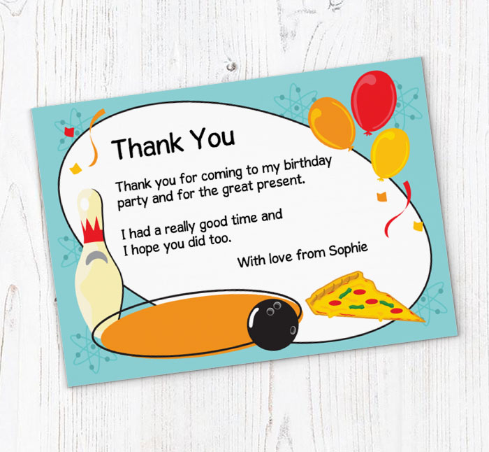 bowling and pizza thank you cards
