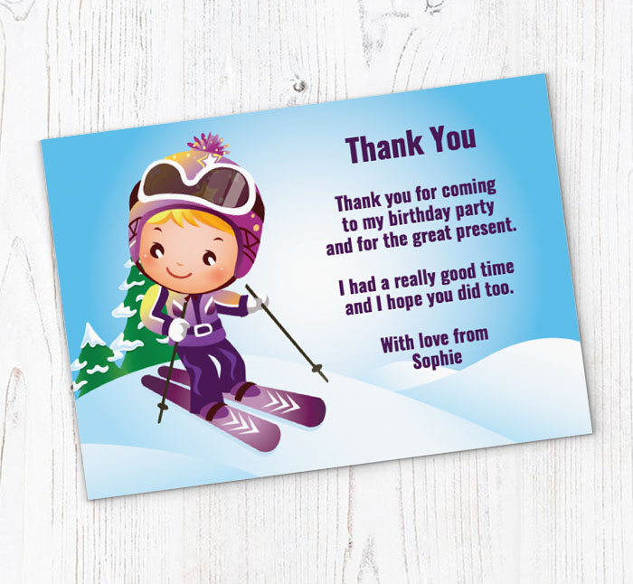girls skiing thank you cards