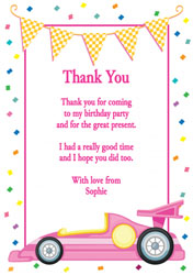 pink racing car thank you cards