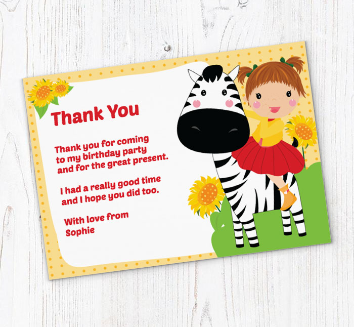 girl and zebra thank you cards