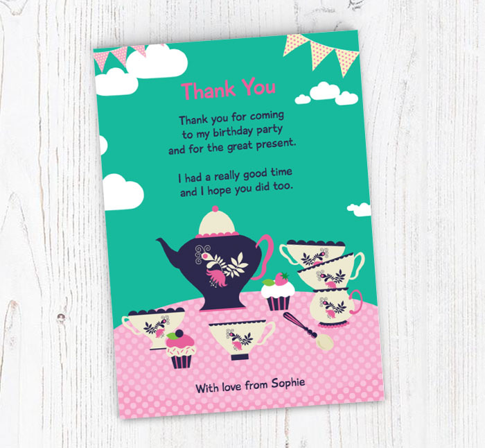 pink tablecloth tea thank you cards