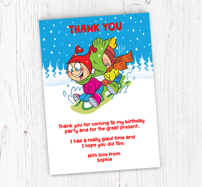 girl and boy sledging thank you cards