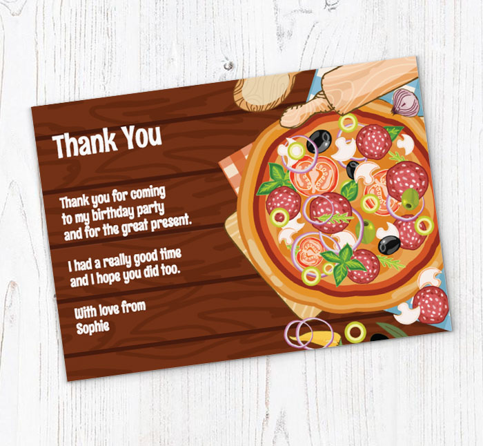 pizza on table thank you cards