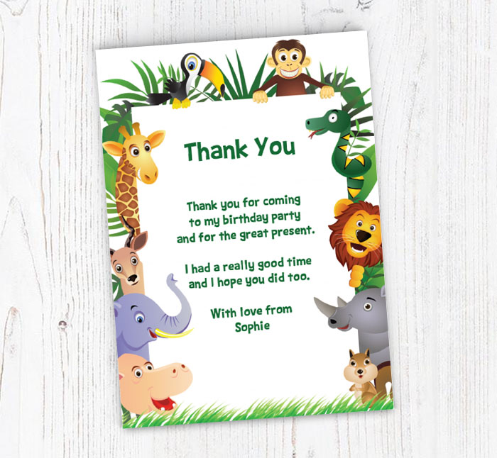 Cute Little Jungle Animals Personalised Birthday Party Thank You Cards 
