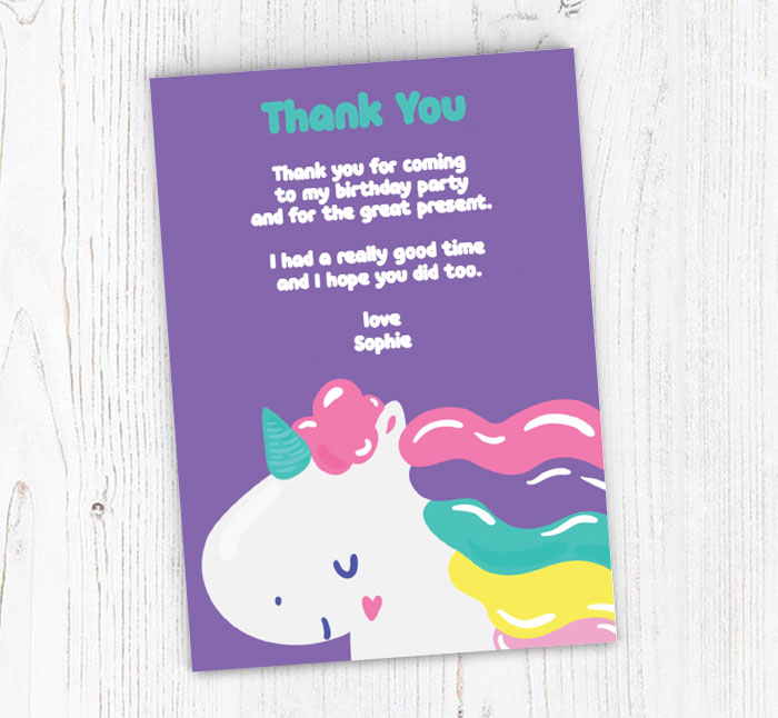 purple unicorn thank you cards