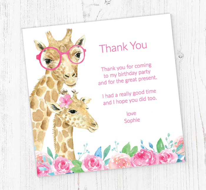 girls giraffe birthday thank you cards