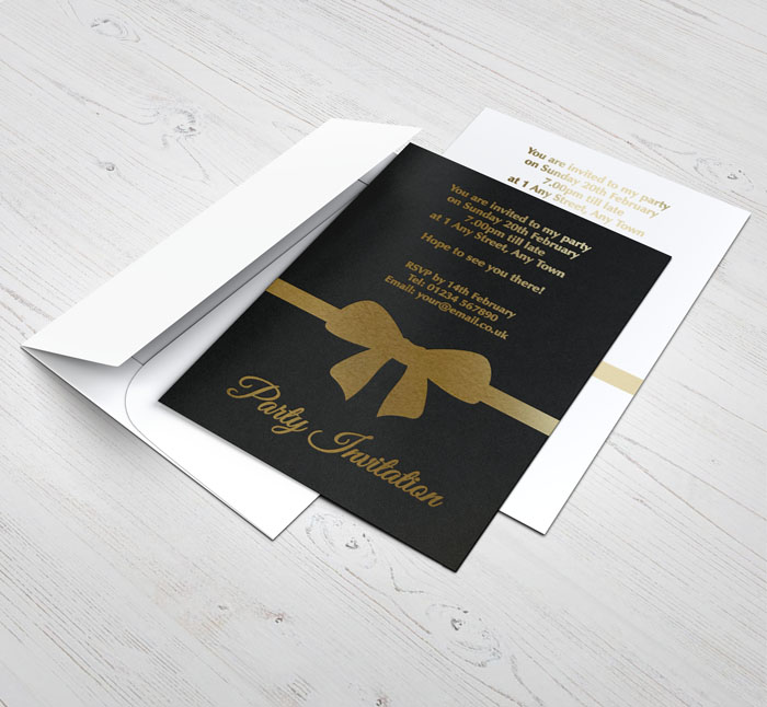 gold foil bow party invitations