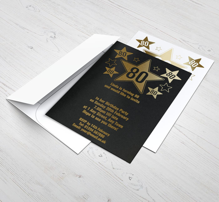 80th gold foil stars party invitations