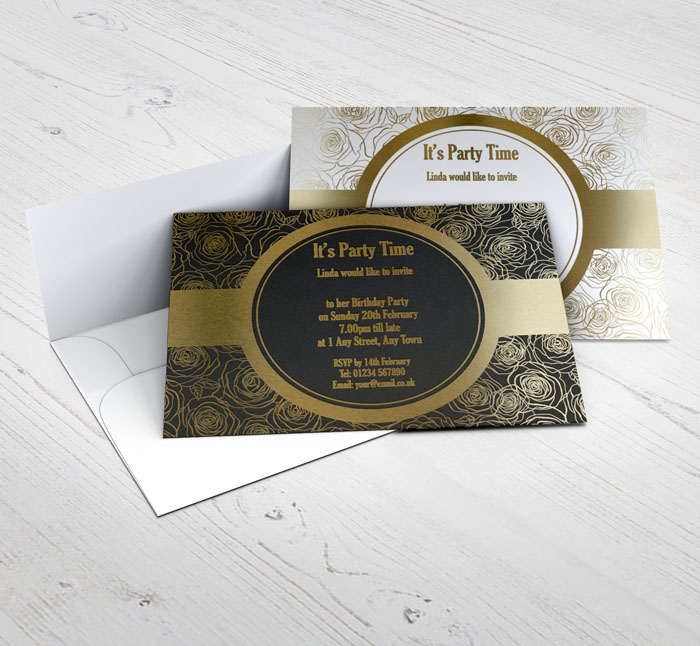 gold foil roses party invitations