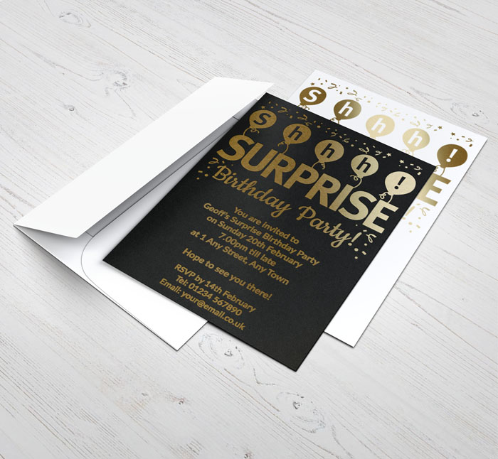 gold foil surprise party invitations