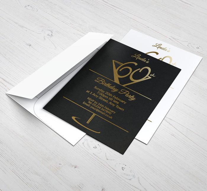 gold foil cocktail glass 60th invitations