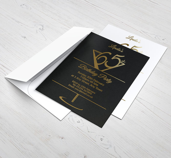 gold foil cocktail glass 65th invitations