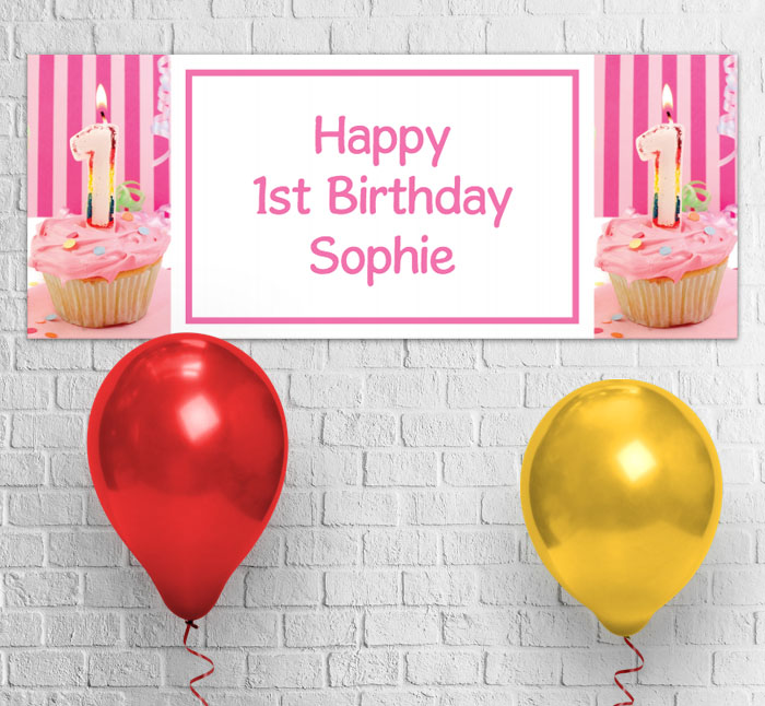 1st birthday pink cupcake party banner