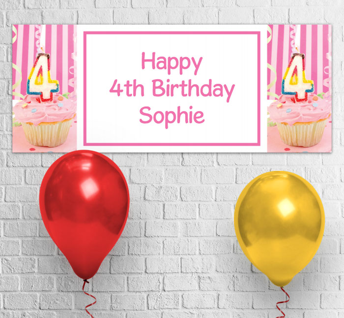 4th birthday pink cupcake party banner