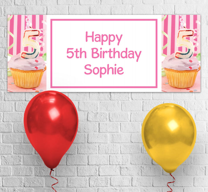 5th birthday pink cupcake party banner