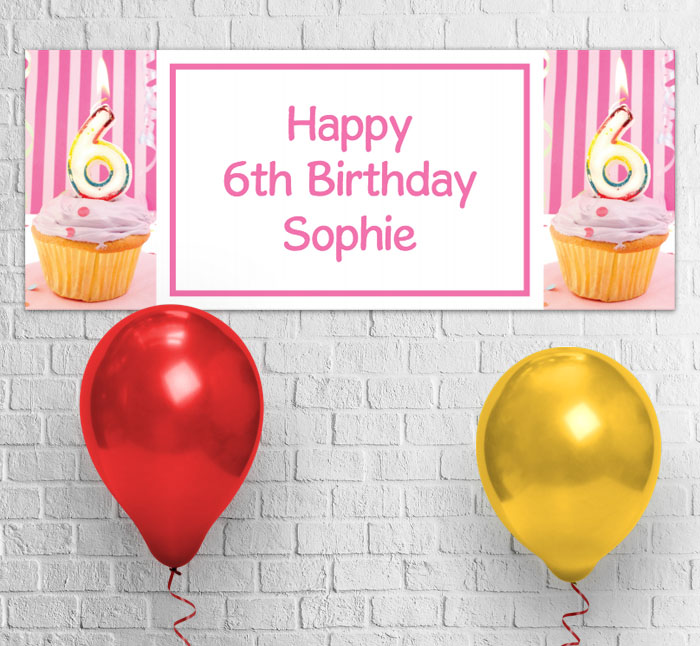 6th birthday pink cupcake party banner