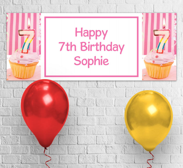 7th birthday pink cupcake party banner