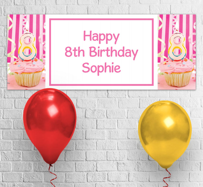 8th birthday pink cupcake party banner