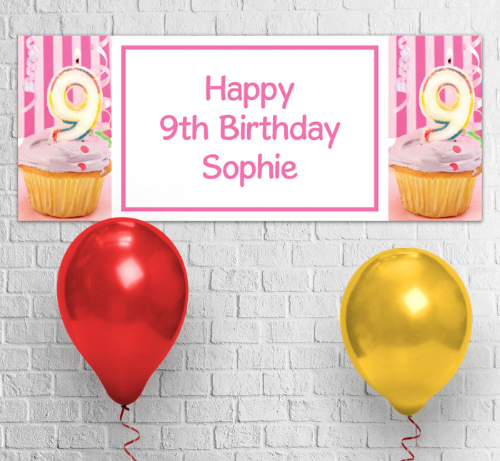 9th birthday pink cupcake party banner
