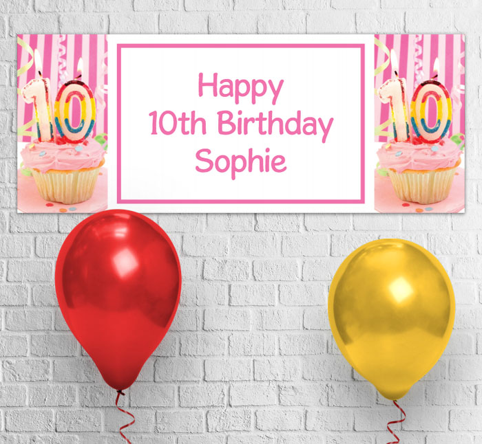10th birthday pink cupcake party banner