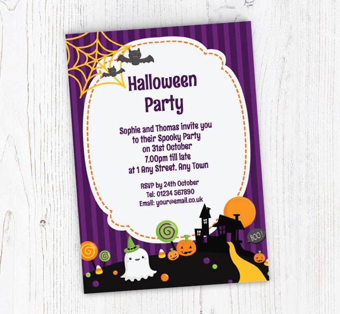 Purple Stripes Halloween Party Invitations | Personalise Online Plus ...