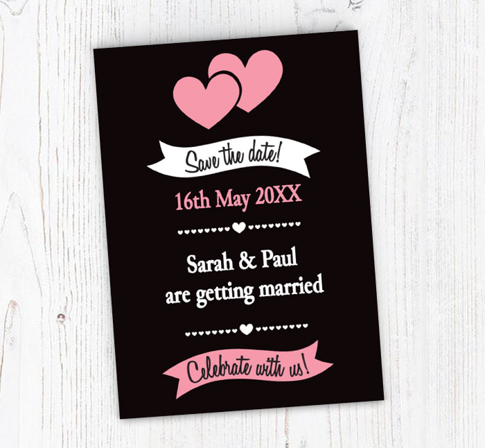 black and pink save the date cards