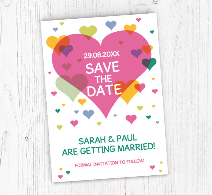 colourful hearts save the date cards