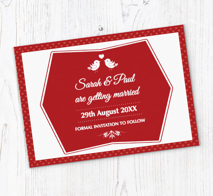 red and white save the date cards