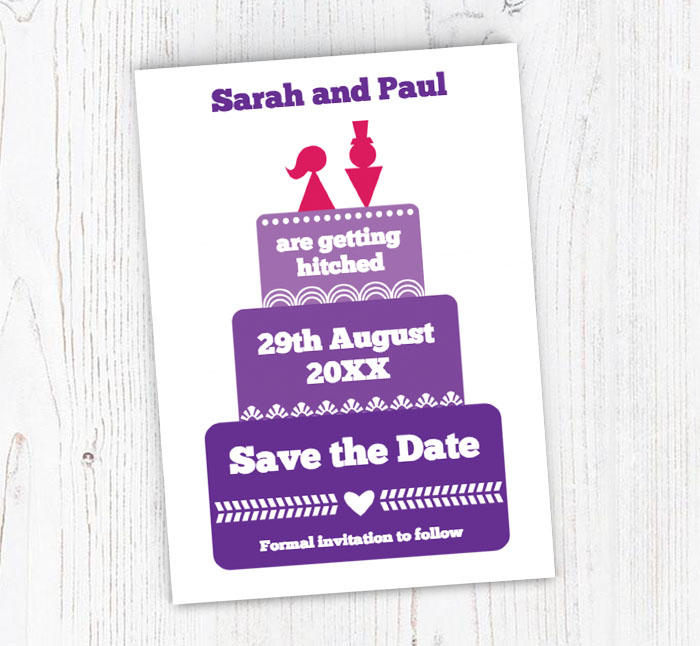 purple cake save the date cards