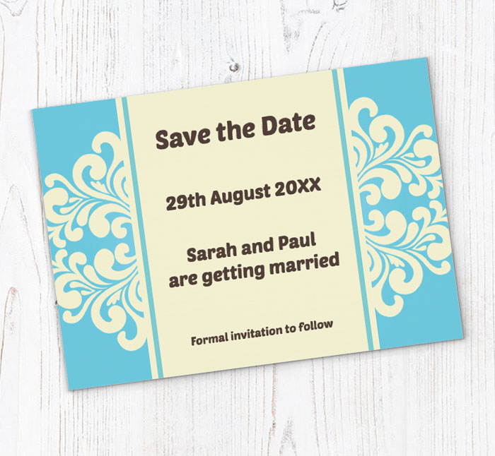 blue woodcut save the date cards