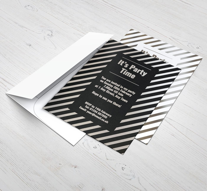 silver foil stripes party invitations