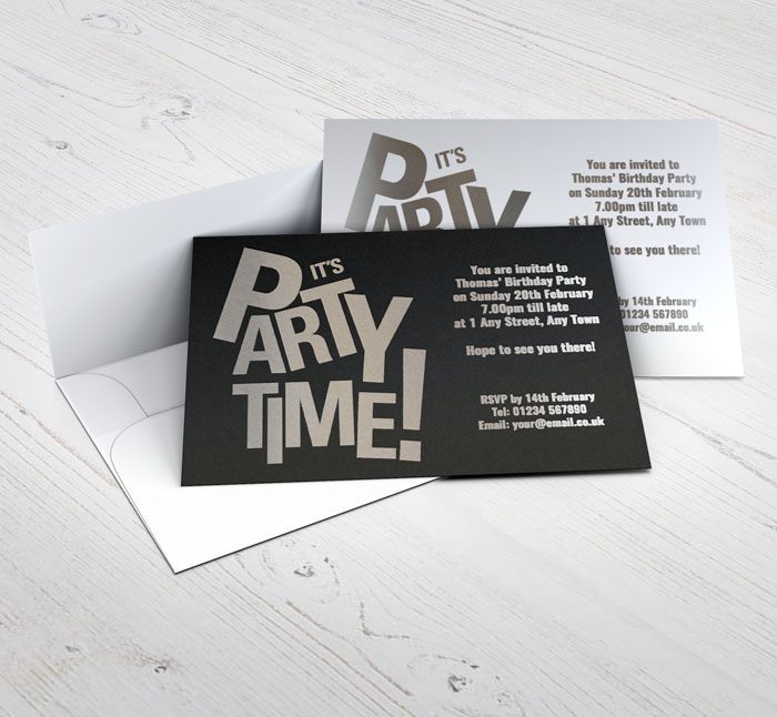 silver foil party time invitations