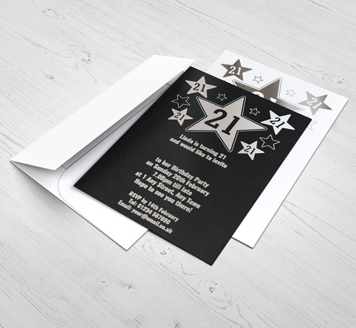 21st silver foil stars party invitations