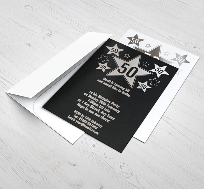 50th silver foil stars party invitations