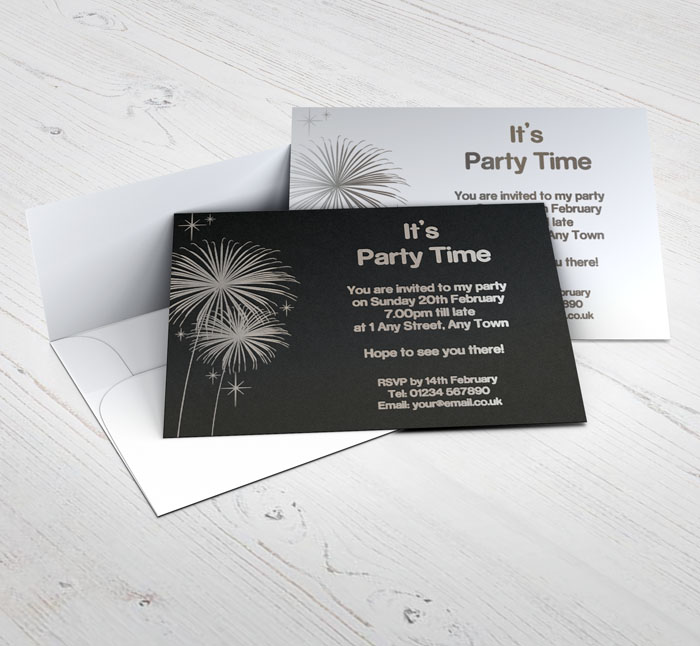 silver foil fireworks party invitations