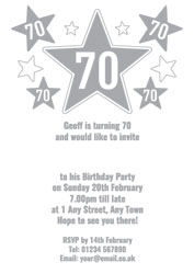 70th silver foil stars party invitations