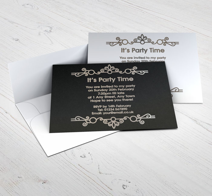 silver foil vintage party invitations