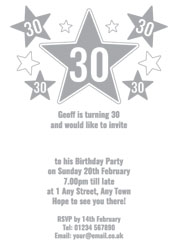 30th silver foil stars party invitations