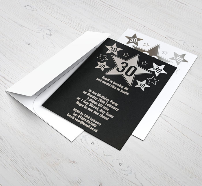 30th silver foil stars party invitations