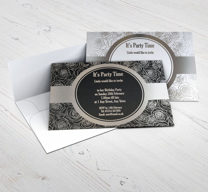 silver foil roses party invitations