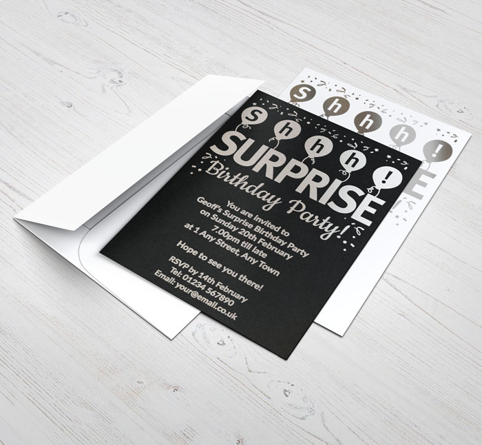 silver foil surprise party invitations